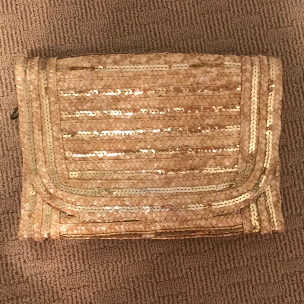 Large Straw Clutch With Gold Sequin Detail